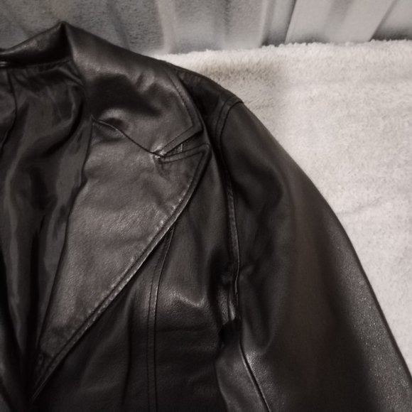 VTG C&A Jacket Women 14 Black Nappa Leather Trench Coat Long Leg Slit Steampunk - Picture 8 of 16